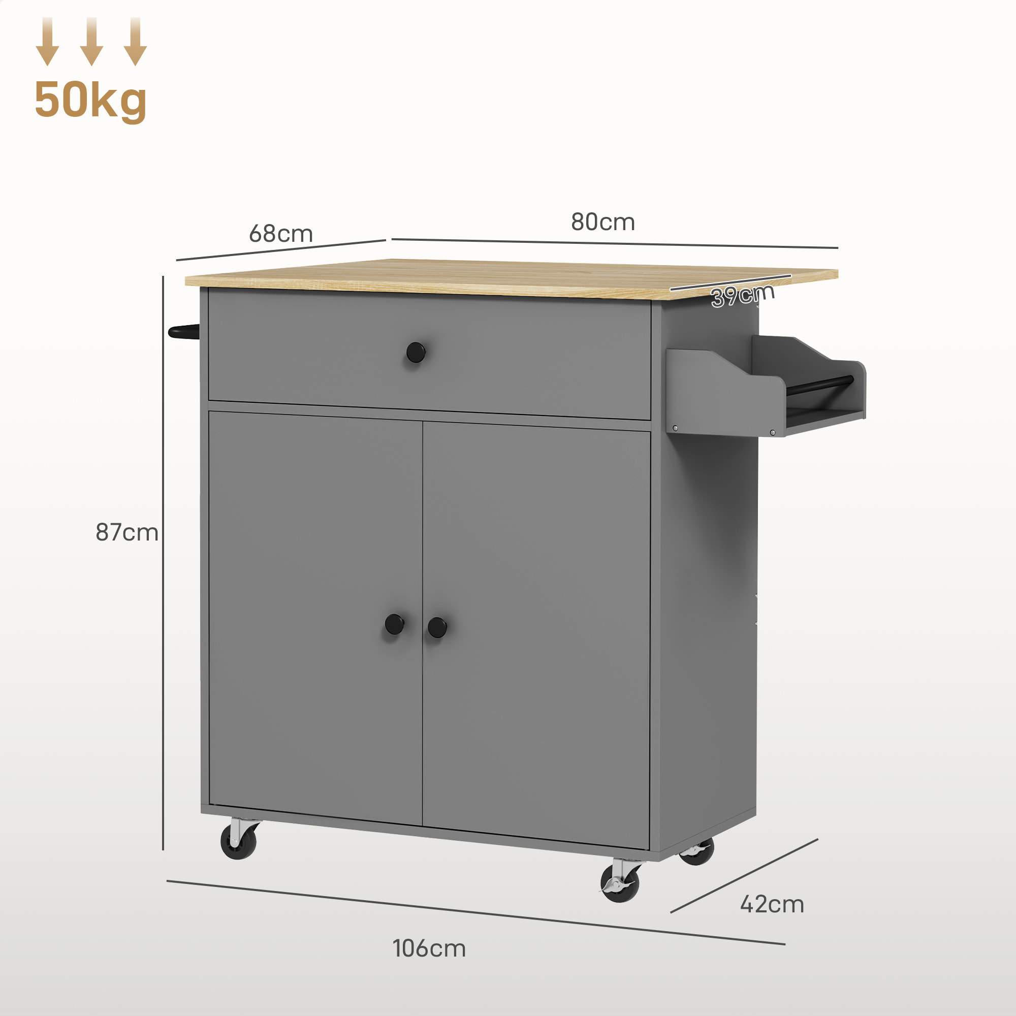 Isla de Cocina con Ala Abatible Carrito de Cocina Mueble Auxiliar de Cocina con Ruedas 2 Puertas Cajón Especiero Toallero y Estante Ajustable 106x42x87 cm Gris y Roble