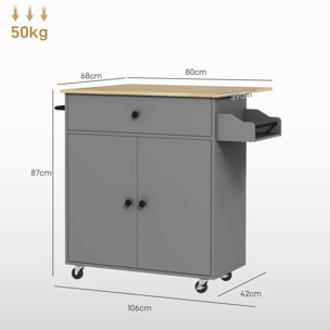 Isla de Cocina con Ala Abatible Carrito de Cocina Mueble Auxiliar de Cocina con Ruedas 2 Puertas Cajón Especiero Toallero y Estante Ajustable 106x42x87 cm Gris y Roble