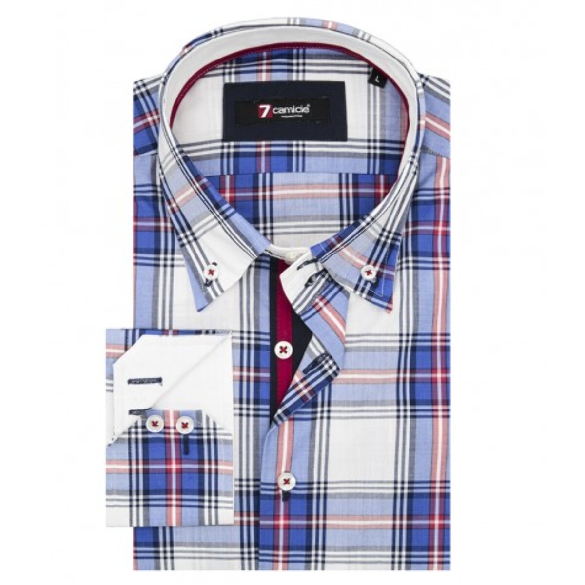 Camicia Uomo 2 Bottoni Button Down Slim Popeline Quadro Grande Blu\Bianco
