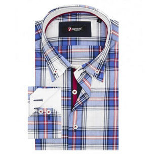 Camicia Uomo 2 Bottoni Button Down Slim Popeline Quadro Grande Blu\Bianco