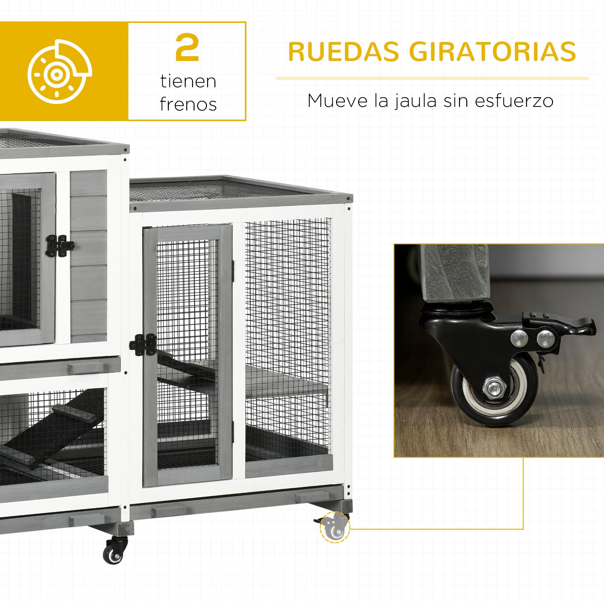 Conejera de Madera para Interior Jaula para Conejos Mascotas Pequeñas de 2 Niveles con 6 Ruedas 2 Escaleras 3 Bandejas Extraíbles y Zona Abierta 110x50x86 cm Gris