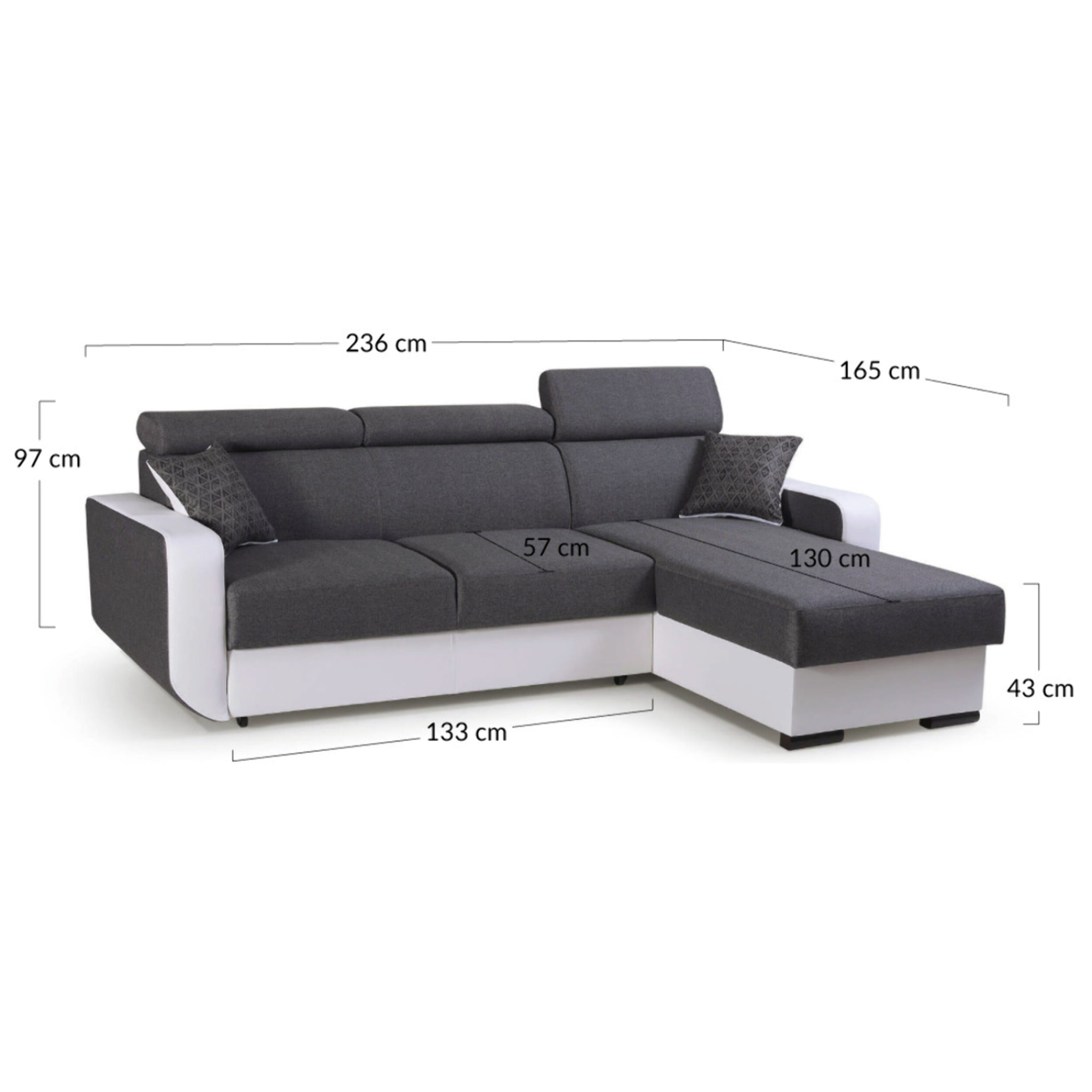 Dustin - Canapé d'angle réversible - 4 places - Convertible avec coffre - Têtières réglables - Blanc / Gris