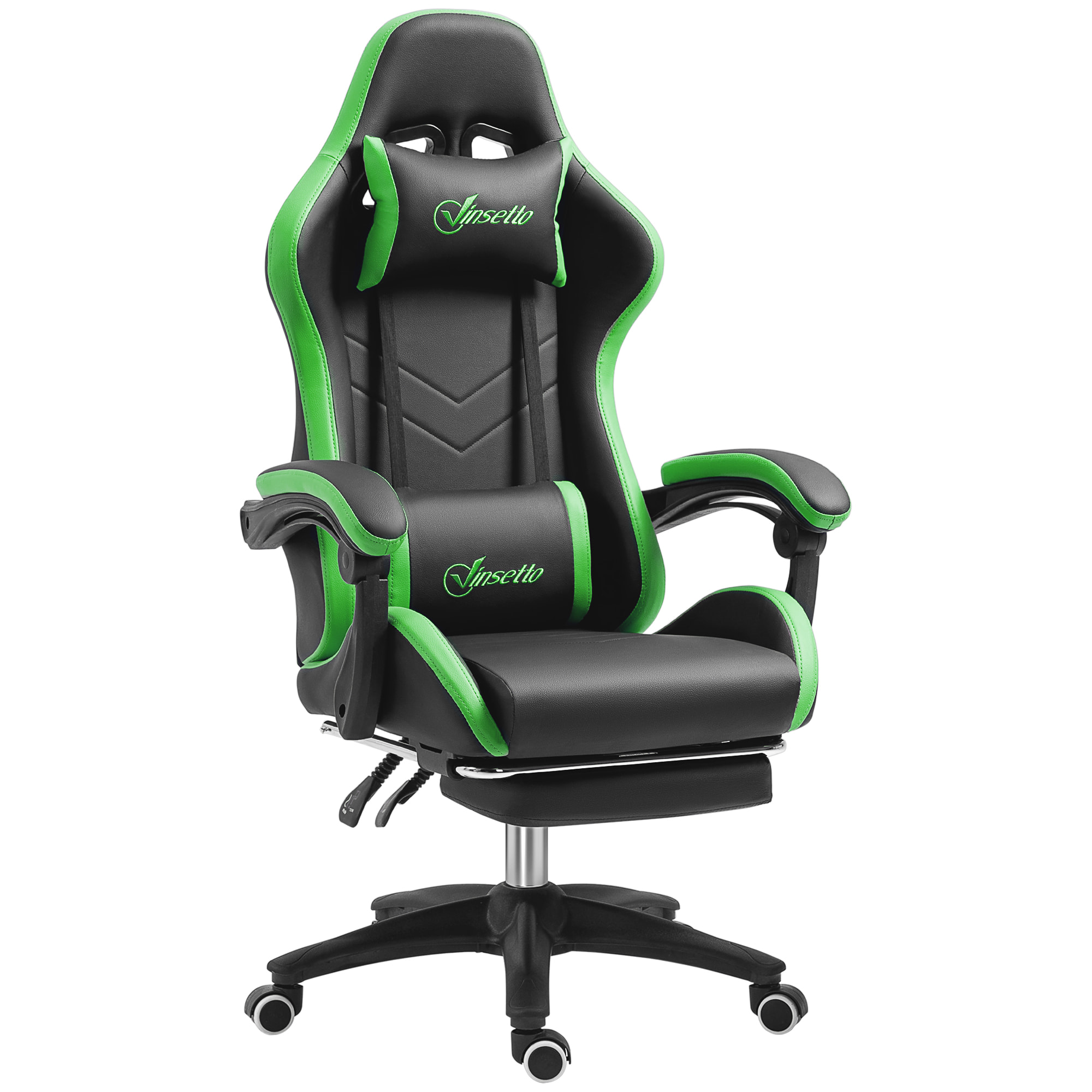 Silla Gaming Ergonómica Reclinable 135°, Silla Gamer Racing de Cuero PU con Soporte Lumbar, Altura Ajustable, Reposacabezas y Reposapiés Retráctil, para Oficina, Estudio, Negro y Verde