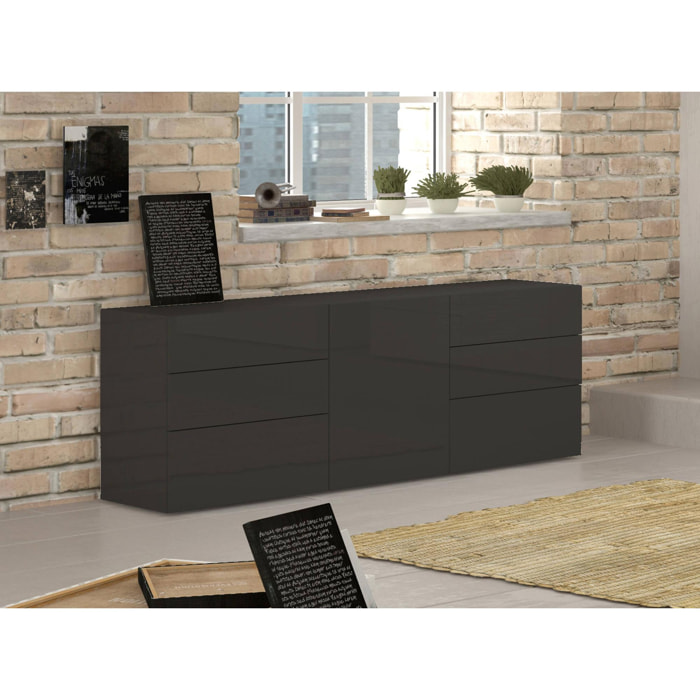 Credenza moderna a 1 anta e 6 cassetti, Made in Italy, Madia da cucina, Buffet di design da soggiorno, cm 170x40h35, colore Antracite lucido