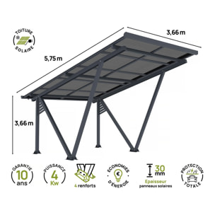 Ombrière Carport solaire avec panneaux photovoltaïques - 366 x 575 x 366 cm - Gris - 4,1 kW