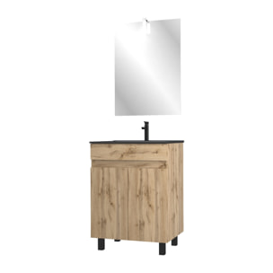 Meuble salle de bain 60x80 - Finition chene naturel + vasque noire + miroir Led - TIMBER 60 - Pack19