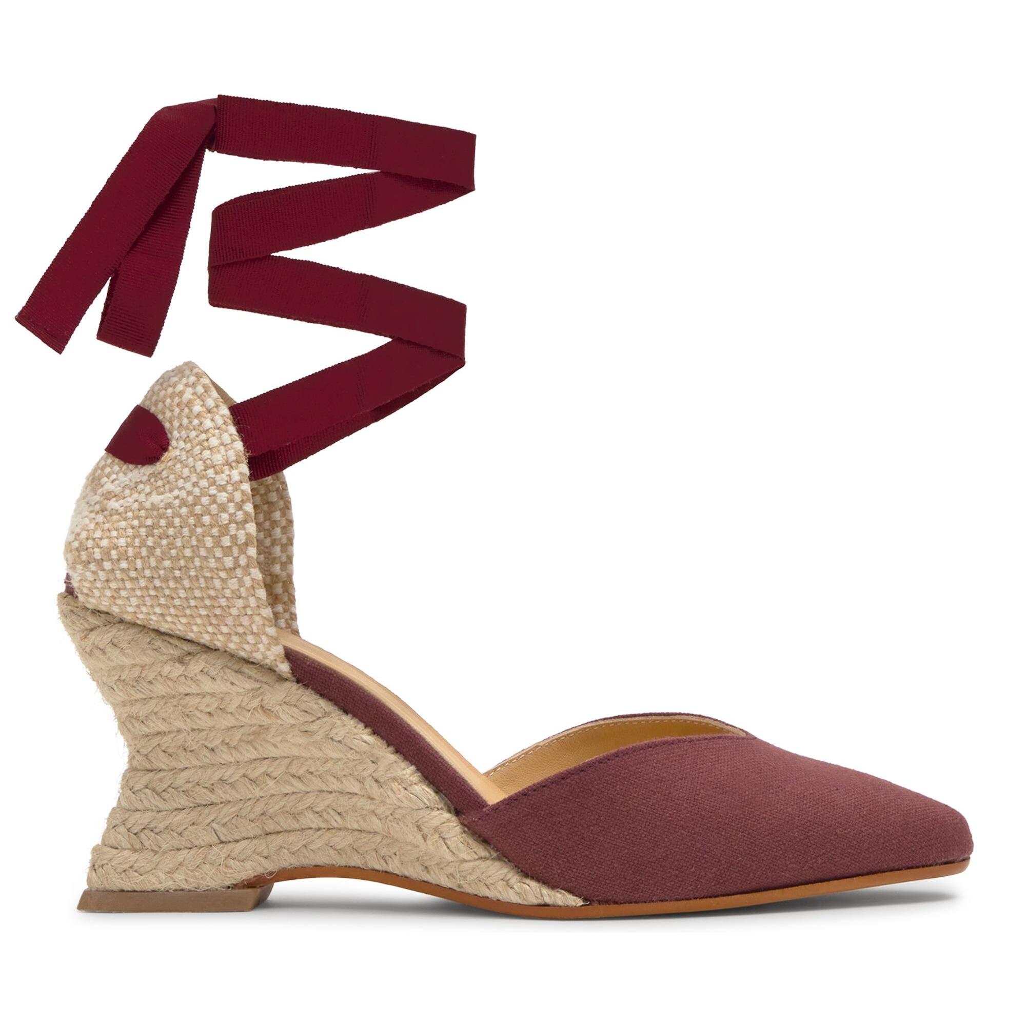 Alpargata Jud cuña de yute geométrica en lino con lazo, escote en V y punta afilada