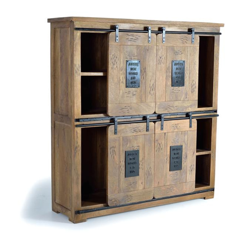 Alacena 4 puertas correderas y 3 cajones - Madera de Mango y Metal - 160x150x45cm