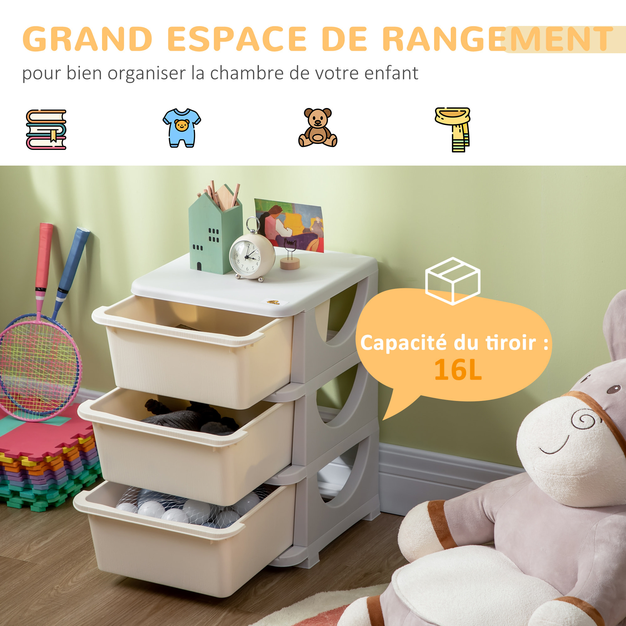 Organisateur de jouets enfant 3 tiroirs - boîtes de rangement plastique - PP gris clair crème
