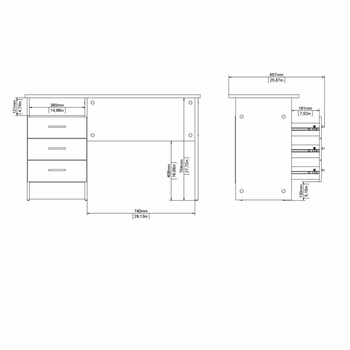 Scrivania lineare con tre cassetti, colore rovere, Misure 120 x 72 x 48 cm