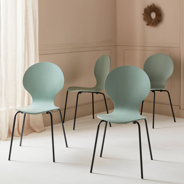 Lot de 4 chaises vert céladon. rétro empilables. bois d'hévéa et contreplaqué. pieds en acier. Naomi. L 43 x P 48 x H 87cm
