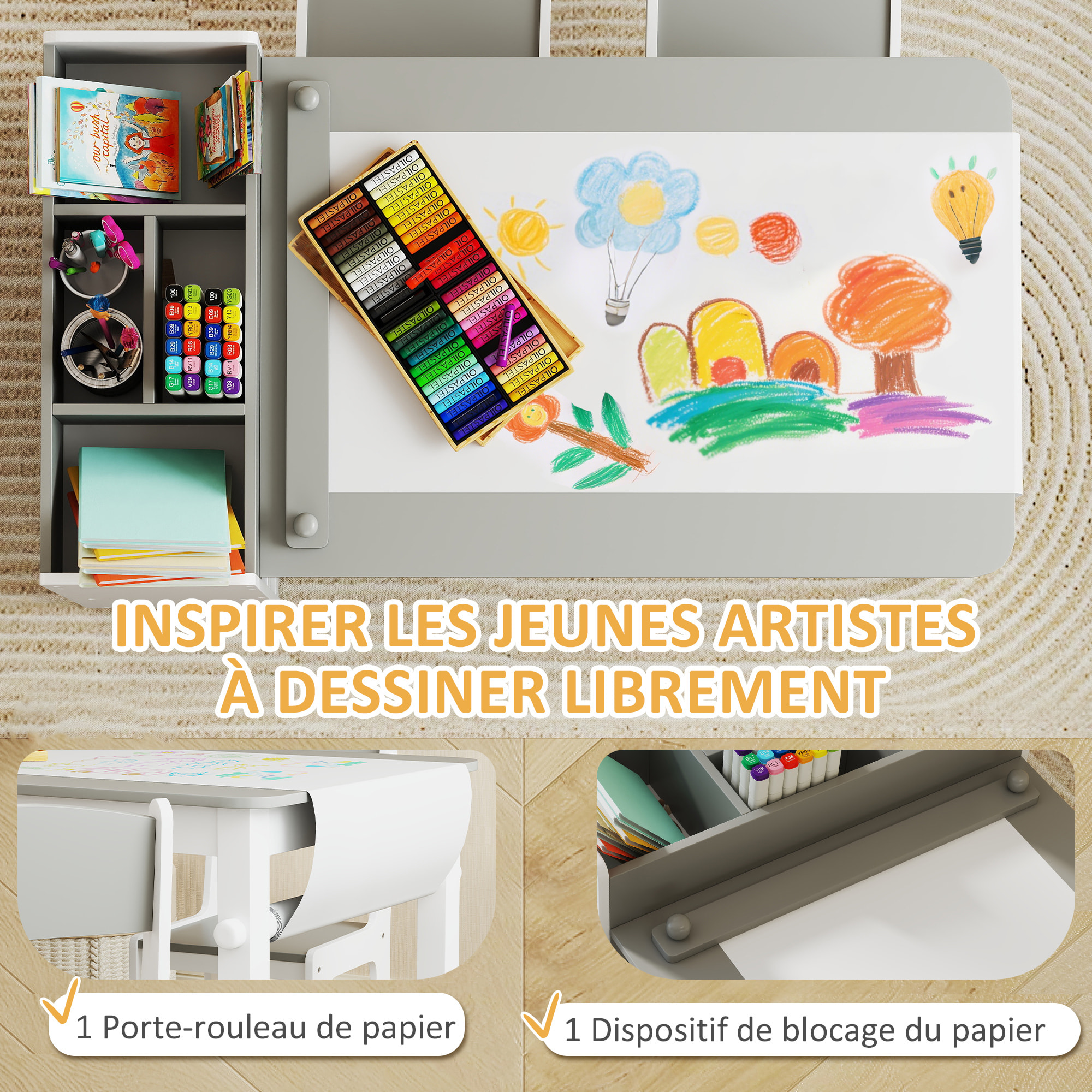 Table enfant avec 2 chaises en bois rouleau de papier étagères tiroirs blanc gris
