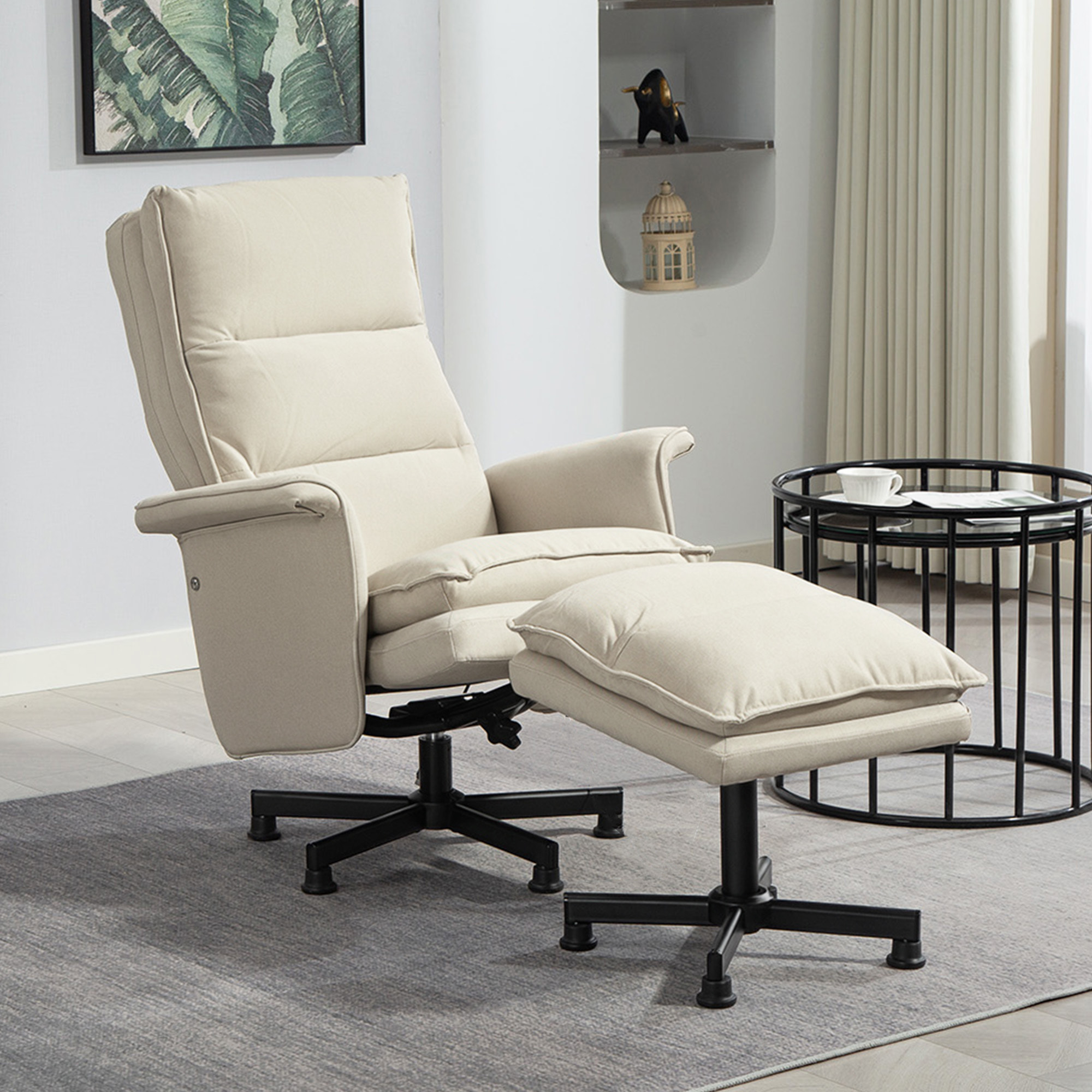 Fauteuil de massage avec repose-pied - style néo-rétro - châssis acier noir aspect lin beige