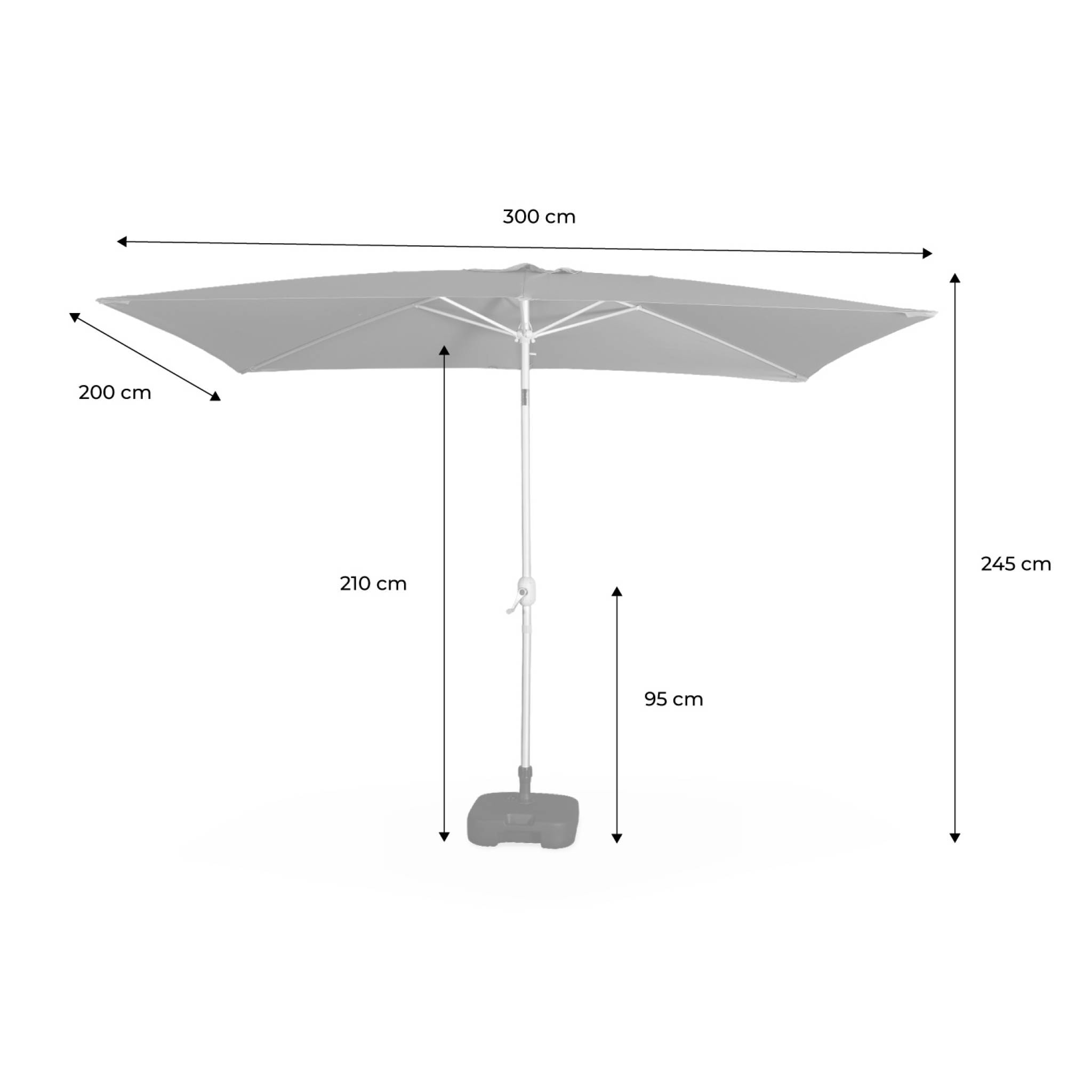 Parasol Wissant. 2x3m. couleur sable. mât central. aluminium anodisé orientable. manivelle d'ouverture