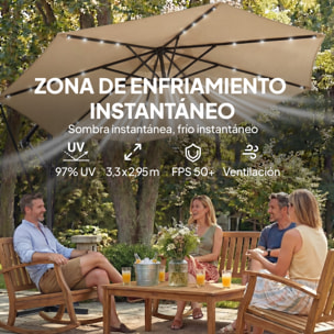 Parasol Excéntrico con Luces LED Solares, Ø330 cm, Sombrilla de Jardín con Base Cruzada, Manivela, Funda Protectora y Cuerda de Viento, Anti-UV 50+, para Terraza, Patio, Caqui