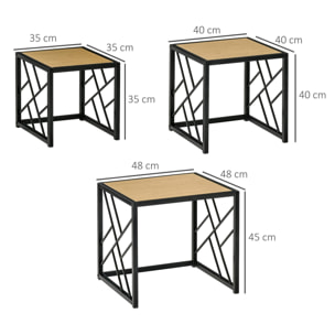 Ensemble de 3 tables basses gigognes encastrables style industriel métal noir aspect bois clair