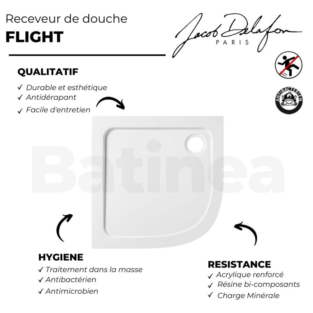 Receveur douche antidérapant Flight, quart de rond 80 x 80 cm