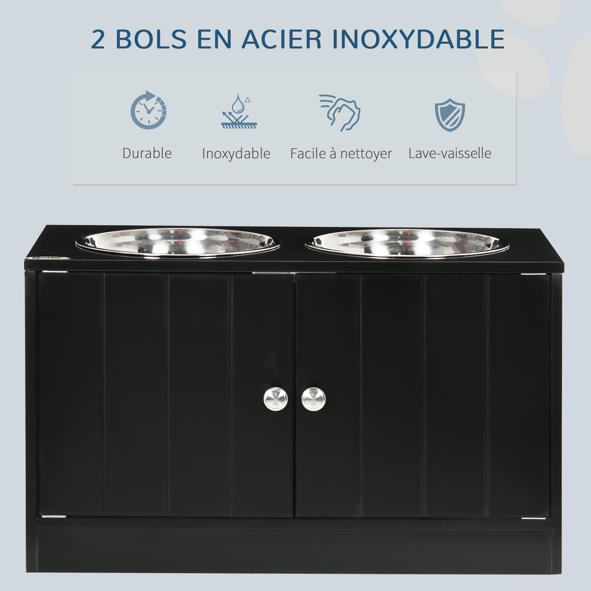 Gamelle double chien chat - porte-gamelles surélevé armoire 2 en 1 - 2 portes, 2 gamelles - acier inox. MDF noir