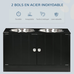 Gamelle double chien chat - porte-gamelles surélevé armoire 2 en 1 - 2 portes, 2 gamelles - acier inox. MDF noir