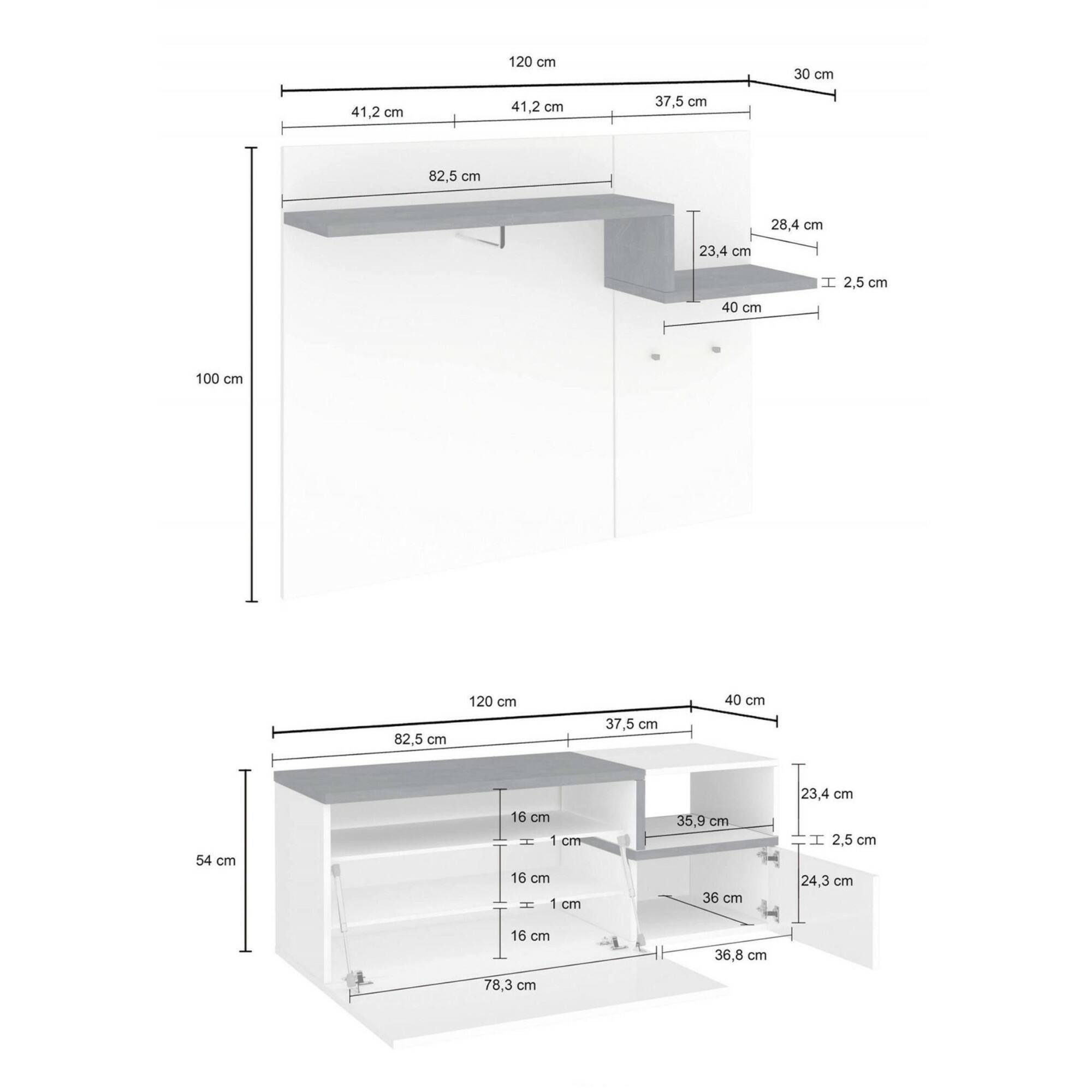 Mobile da ingresso, Made in Italy, Entratina con appendiabiti, Scarpiera, Porta TV, cm 120x40h54, colore Bianco lucido e Grigio Ardesia