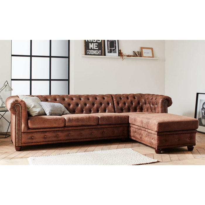 Winston - Canapé d'angle Chesterfield - 4 places - style industriel - droit - Marron