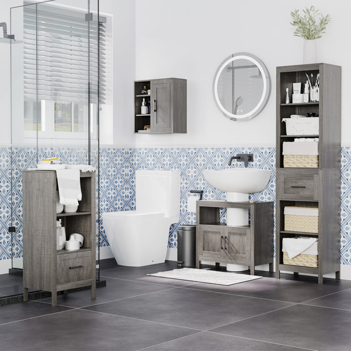 Armario de Baño de Pared con 3 Estantes Abiertos y 1 Puerta Mueble Auxiliar Suspendido para Salón Aseo Dormitorio Estilo Moderno 48x20x50 cm Gris