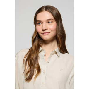 Camicia beige loose fit in lino e cotone con ricamo monogramma