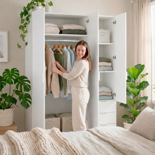 Armadio Con 3 Ante Battenti E 3 Cassetti Armadietto Con Asta Appendi Abiti E 3 Ripiani Per Camera Da Letto Design Moderno 180 x 121 x 52 Cm Bianco