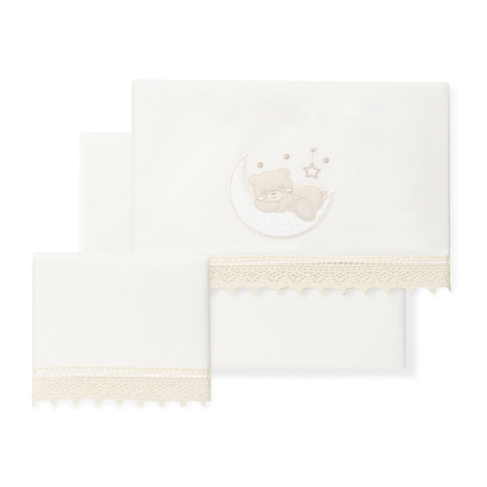 Juego de Sábanas para Cuna mod.Oso Luna Guipur con Broche Muselina