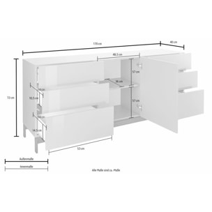 Credenza moderna a 1 anta e 6 cassetti, Made in Italy, Madia da cucina, Buffet di design da soggiorno, con piedini, cm 170x40h47, colore Antracite lucido