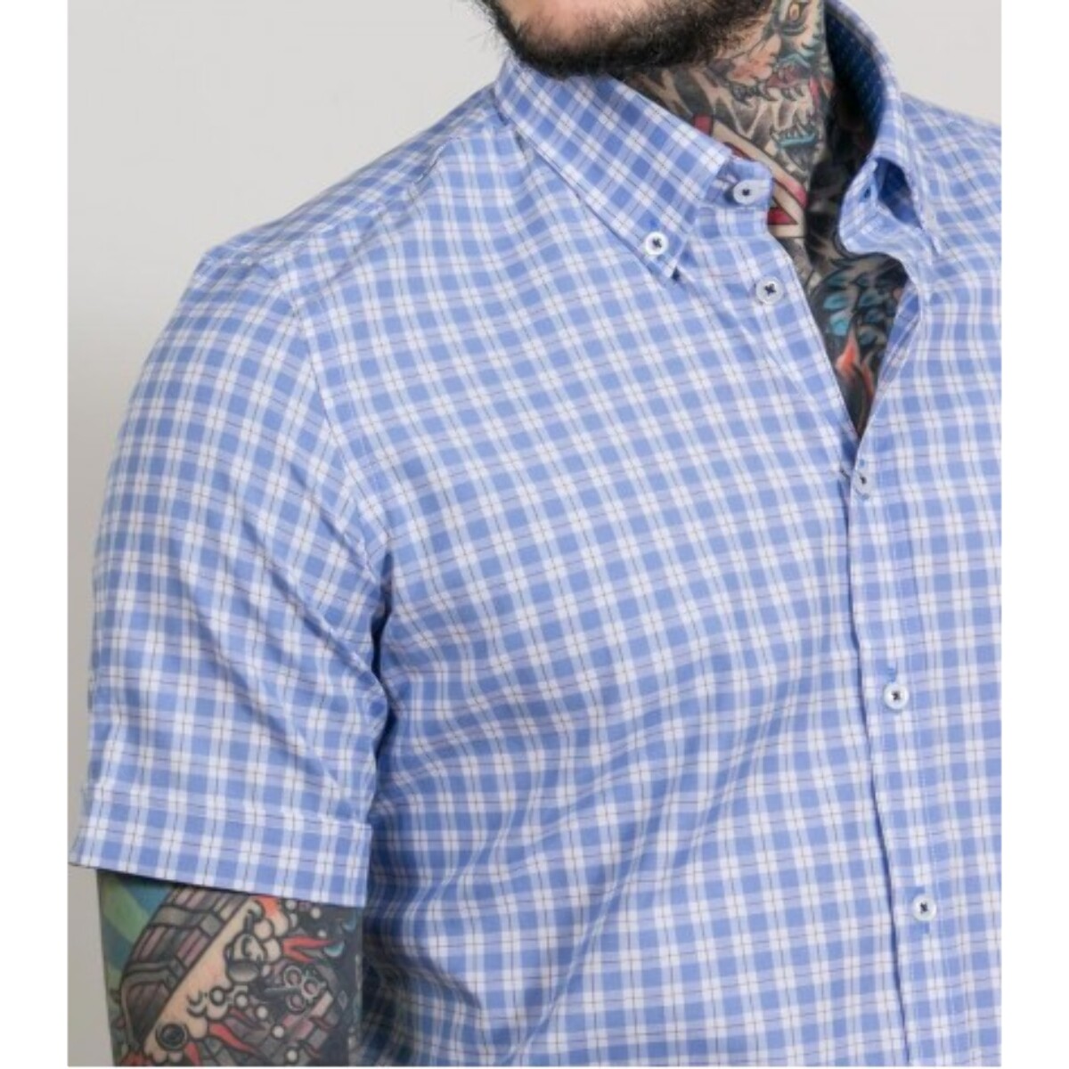 Camicia Uomo 1 Bottone Button Down Manica Corta Slim Cotone poliestere Quadro Medio Bianco/Celeste