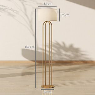 Lampadaire design métal doré 4 pieds base abat-jour circulaire lin beige dia. 38 x H.161 cm