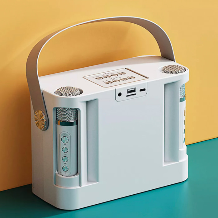 Kit karaoke con altoparlante Bluetooth e 2 microfoni. 10 W, batteria integrata.
