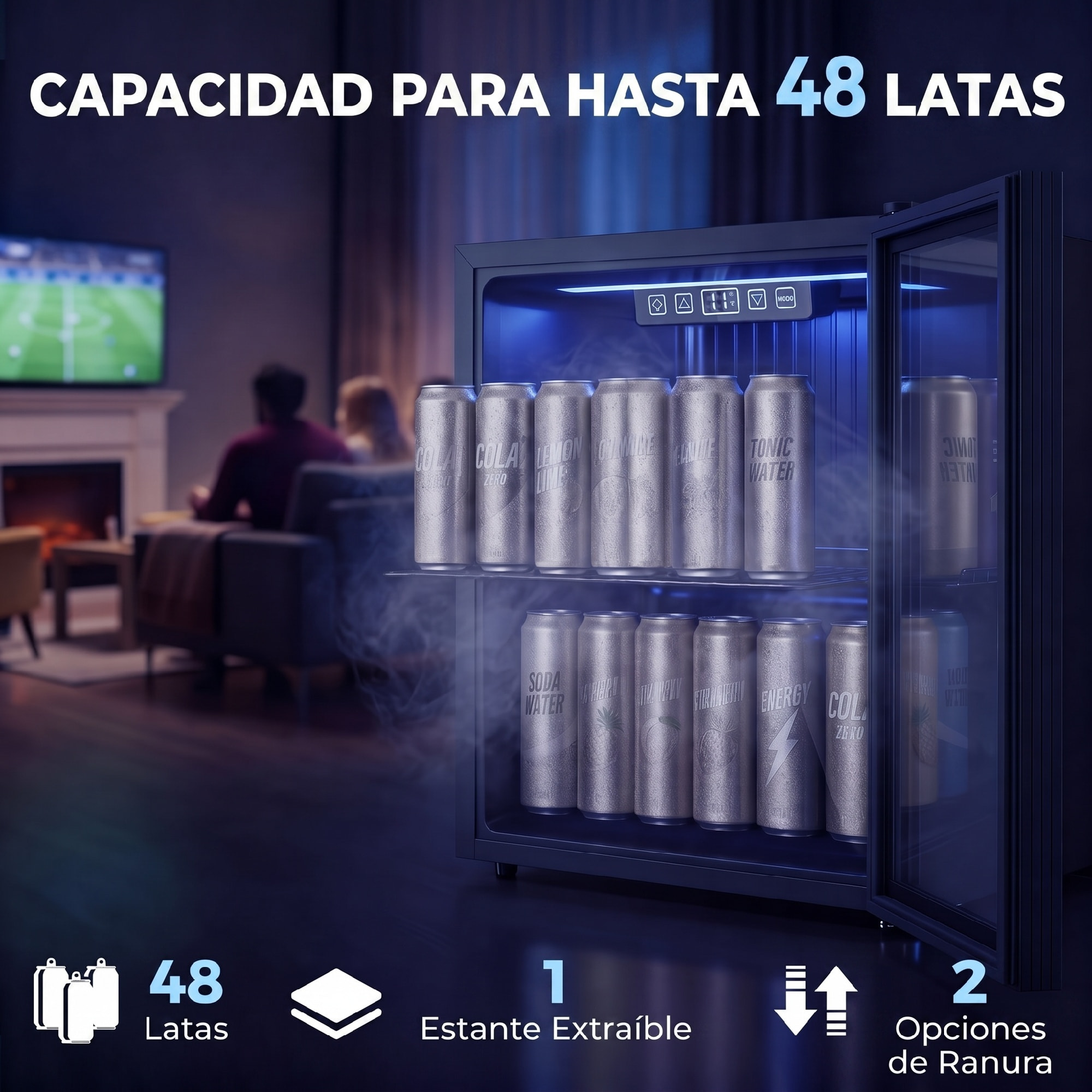 Frigorífico de Bebidas 50 L, Mini Nevera con Puerta de Vidrio Doble, Iluminación LED, Estante Ajustable, 2-18℃, para 48 Latas, Nevera Pequeña para Refrescos, Cerveza y Vino