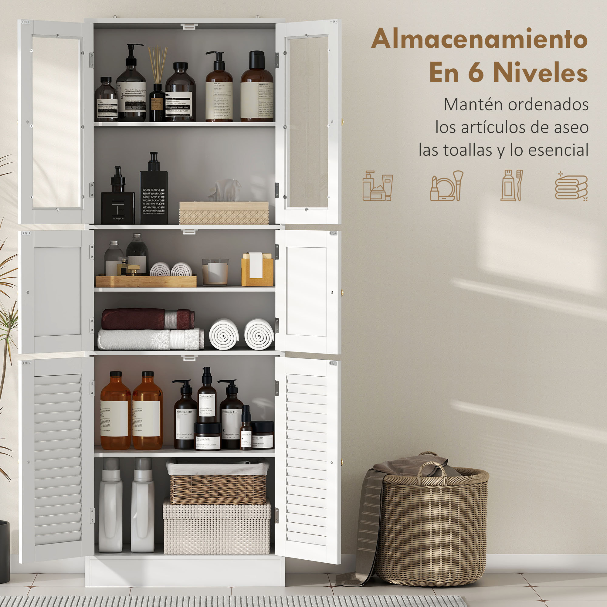 Armario de Baño Alto, Columna de Baño Estrecha con Puertas de Vidrio, Puertas de Lamas, Estantes Ajustables, 60x30x170 cm, Blanco
