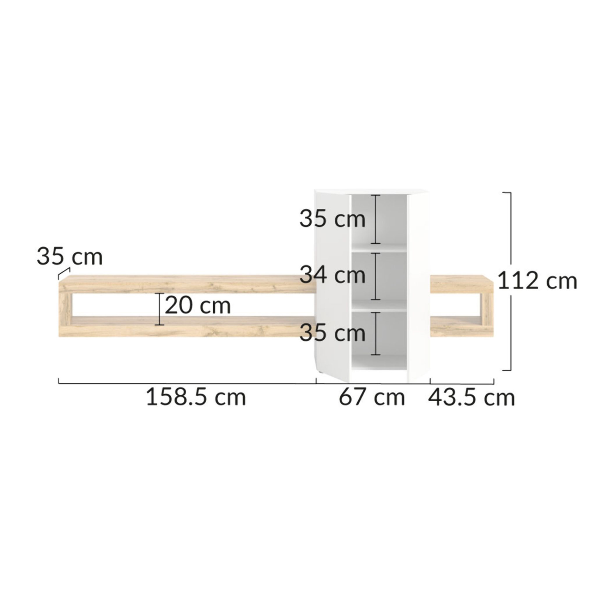 Ned - meuble tv suspendu - 2 portes et 2 étagères - bois et blanc - 270 cm - Bois / Blanc
