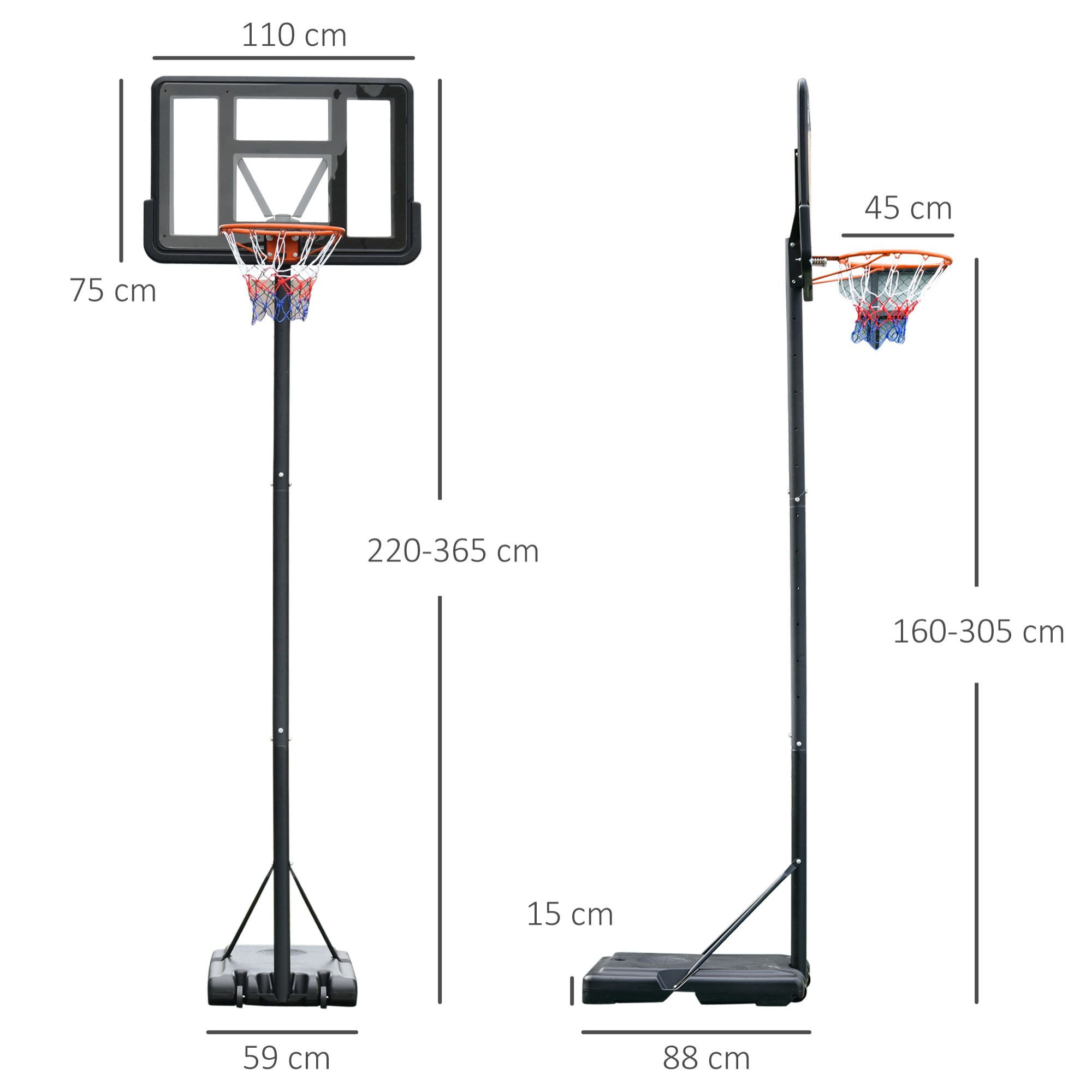 Canasta de Baloncesto de Exterior con Altura Ajustable 220-365 cm Aro de Baloncesto con Soporte Canasta de Baloncesto con Ruedas Base Rellenable Negro