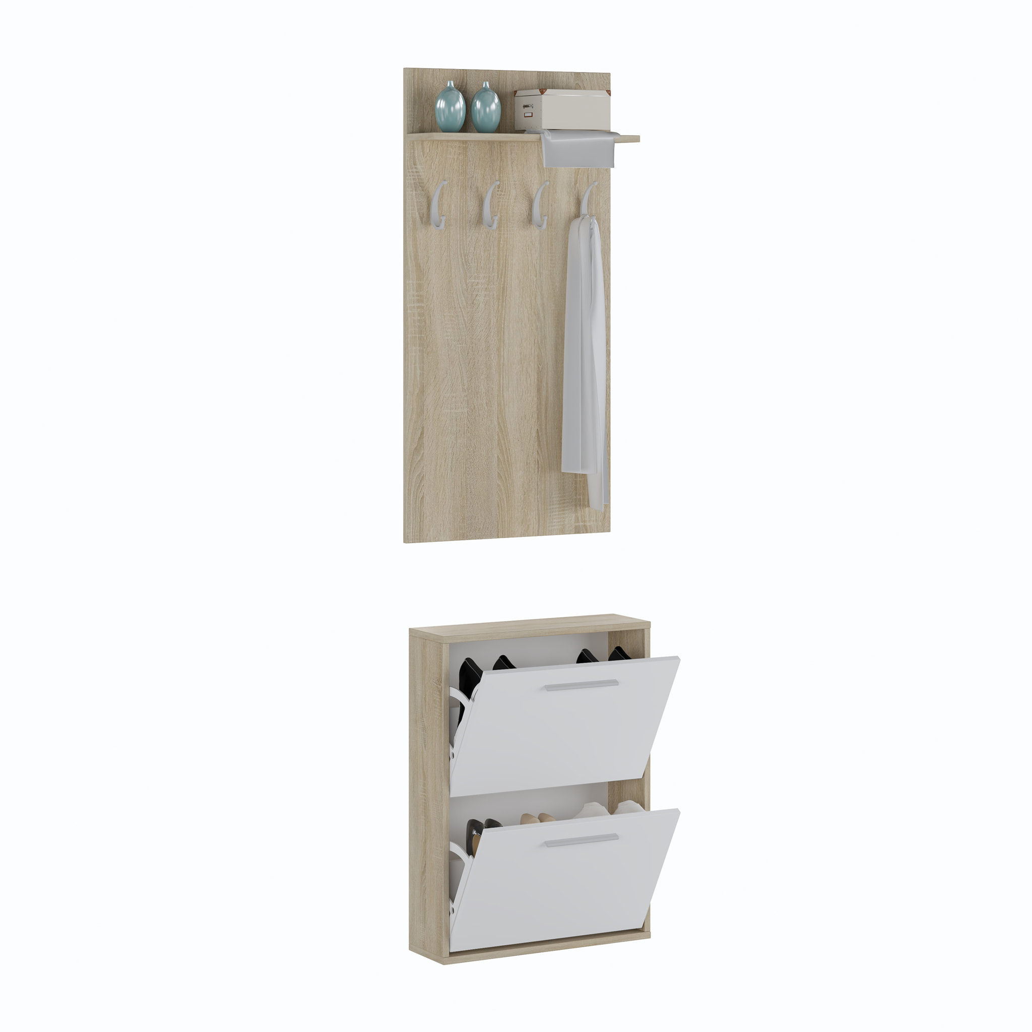 Set Ingresso Salvaspazio con Scarpiera 2 Ribalte e Appendiabiti da Parete Mensola Mobile Moderno Portascarpe 54x73x18 Cm Bianco Rovere