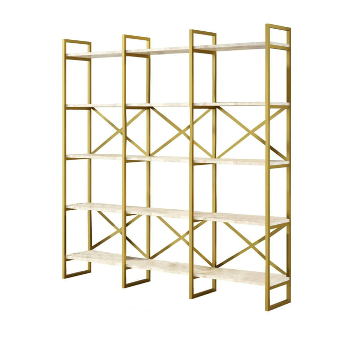 Libreria Gauro, Scaffale da ufficio, Mobile portalibri, Biblioteca, 170x30h175 cm, Bianco e Oro