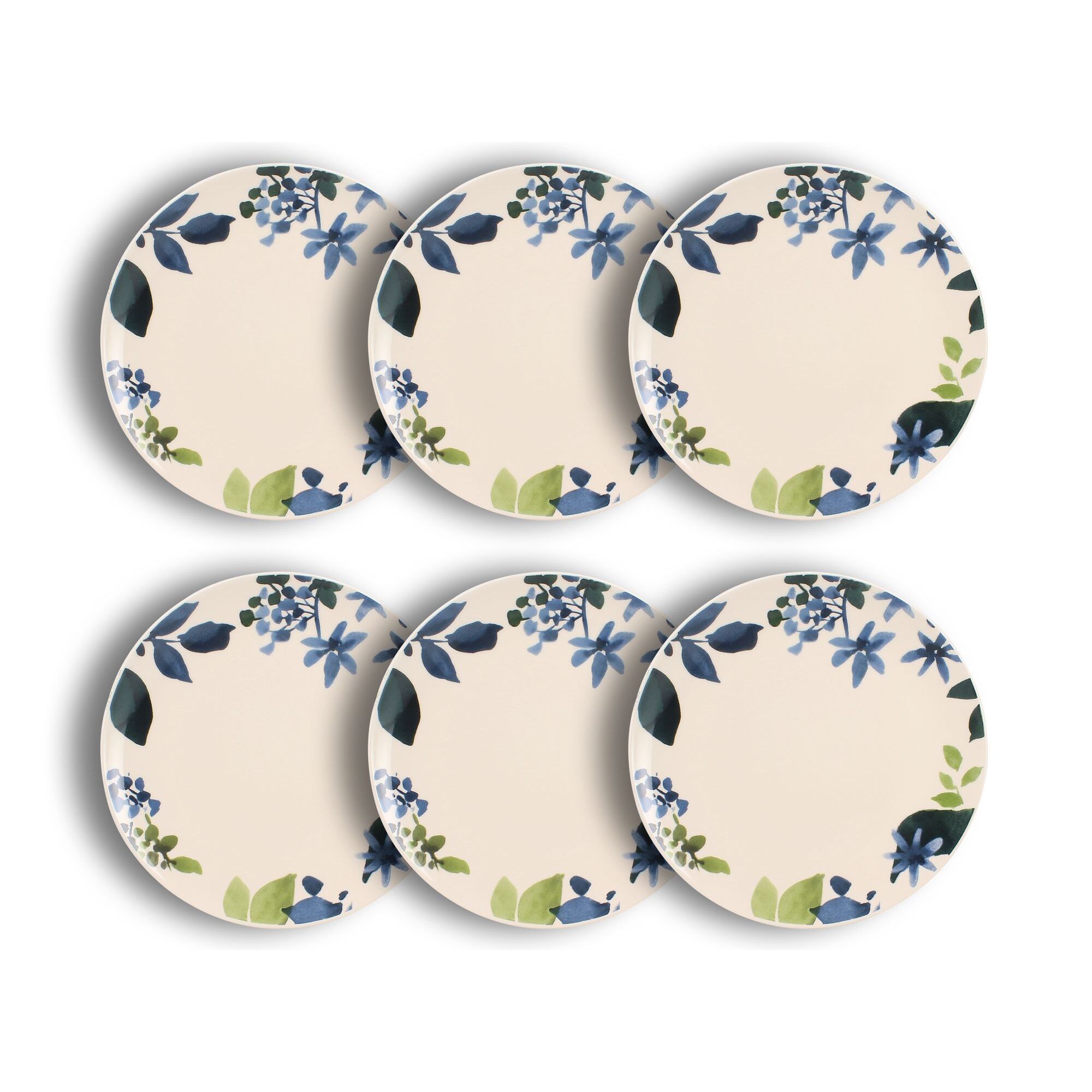Lot de 6 assiettes plates en grès 26cm motif fleuri bleu BLEUET
