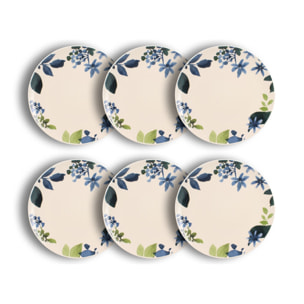 Lot de 6 assiettes plates en grès 26cm motif fleuri bleu BLEUET