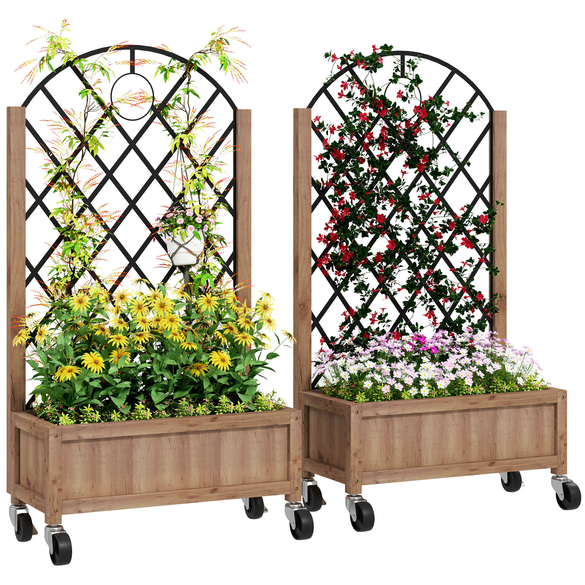 Juego de 2 Jardineras de Exterior Jardineras con Enrejado Metálico para Plantas Trepadoras Maceteros con Ruedas para Jardín Patio 52x25x97 cm Natural