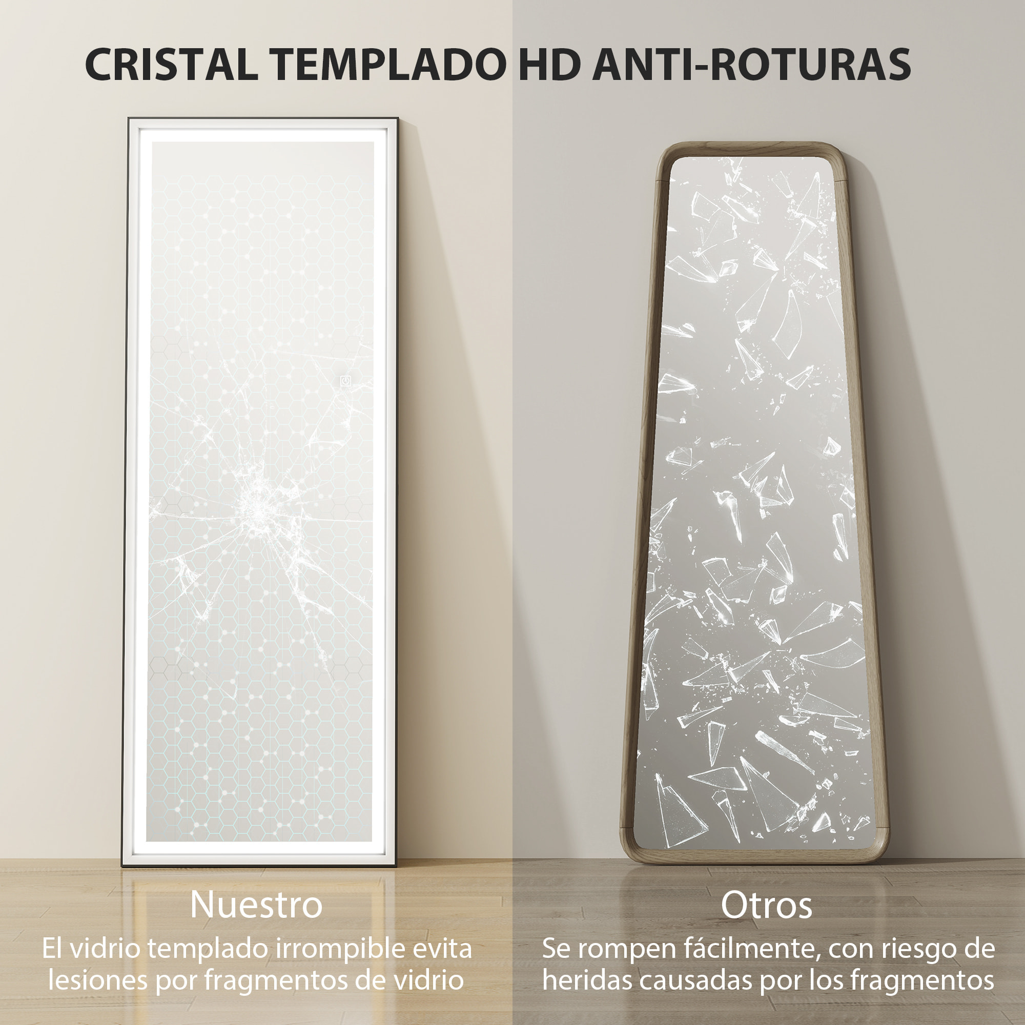 Espejo de Pie Cuerpo Entero con Luces, 165x60 cm, Espejo de Cuerpo Entero, 3 Temperaturas de Color, Brillo Ajustable, Independiente, Apoyado y de Pared, para Dormitorio, Salón, Blanco y Negro