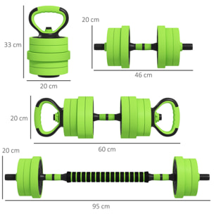 Kit de Mancuernas 20kg 4 en 1 Juego de Pesas con Kettlebell Barra de Pesas para Entrenamiento de Fuerza en Hogar Gimnasio Oficina Verde