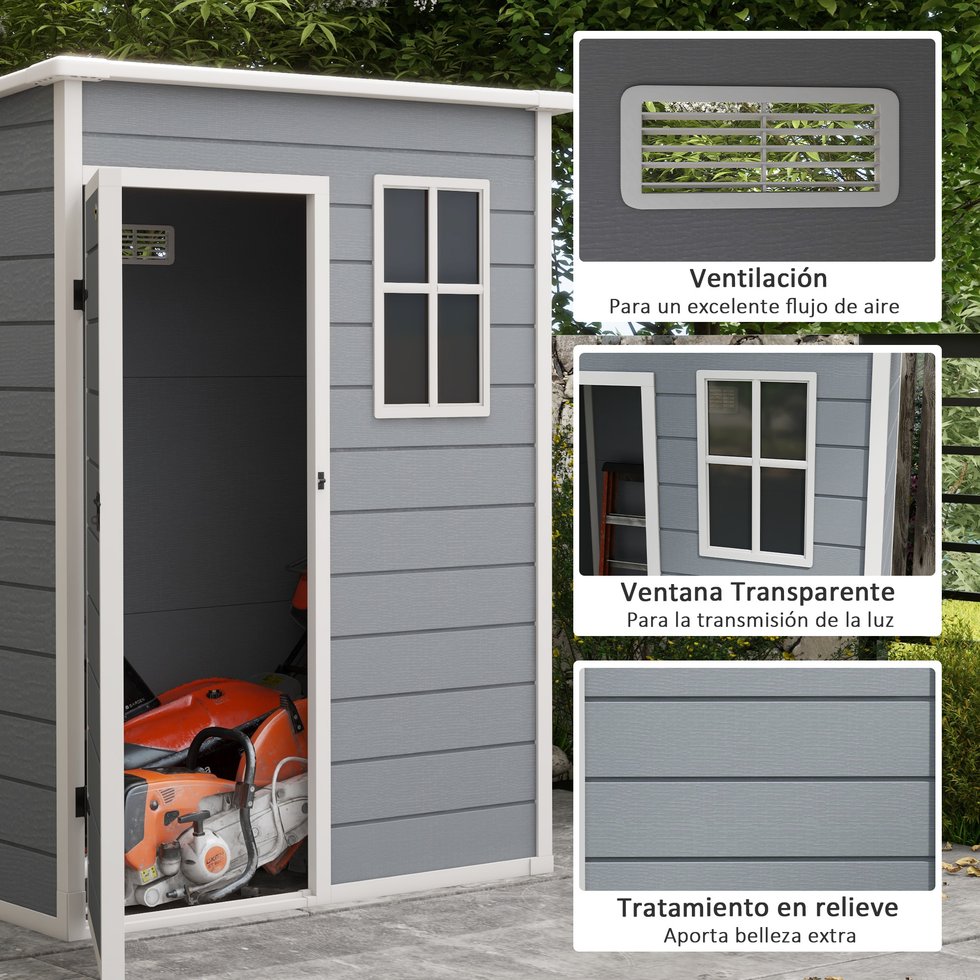 Caseta de Jardín Exterior, 1,14 m², 151x92x193 cm, Cobertizo de Jardín Exterior Metálico con Suelo, Puerta Corredera, Ventana y Techo Inclinado, para Almacenamiento de Herramientas, Gris