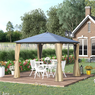 Pavillon de jardin tonnelle toit rigide polycarbonate dim. 2,94L x 2,94l x 2,67H m 4 parois latérales anti-UV moustiquaires structure aluminium beige