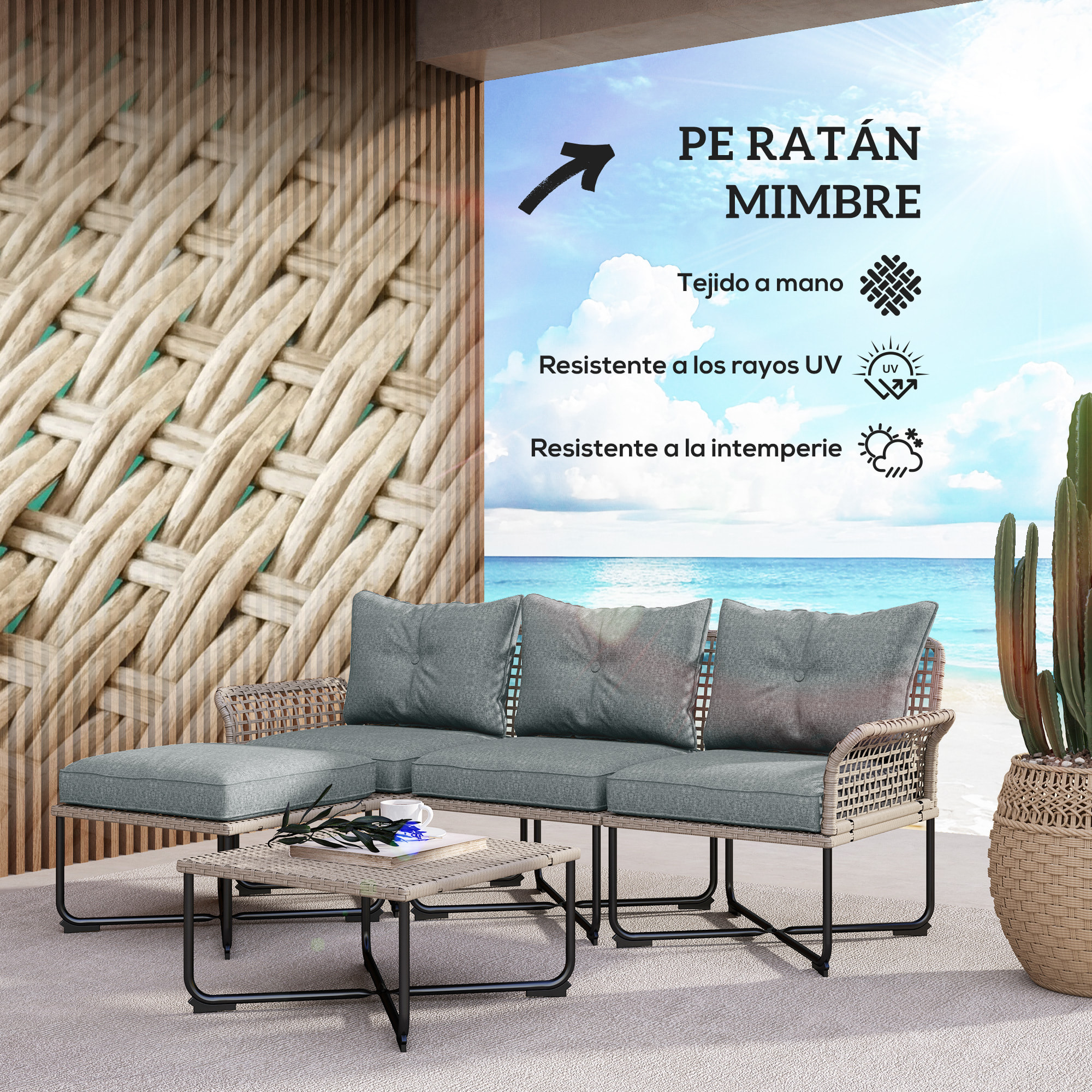 Conjunto de Jardín Exterior de Ratán Sintético de 5 Piezas Muebles de Jardín Exterior Incluye 2 Sofás Esquineras 1 Sofá de Exterior 1 Taburete 1 Mesa de Centro con Cojines Gris