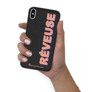 Coque iPhone X/XS effet cuir grainé noir Rêveuse corail et parme Design La Coque Francaise