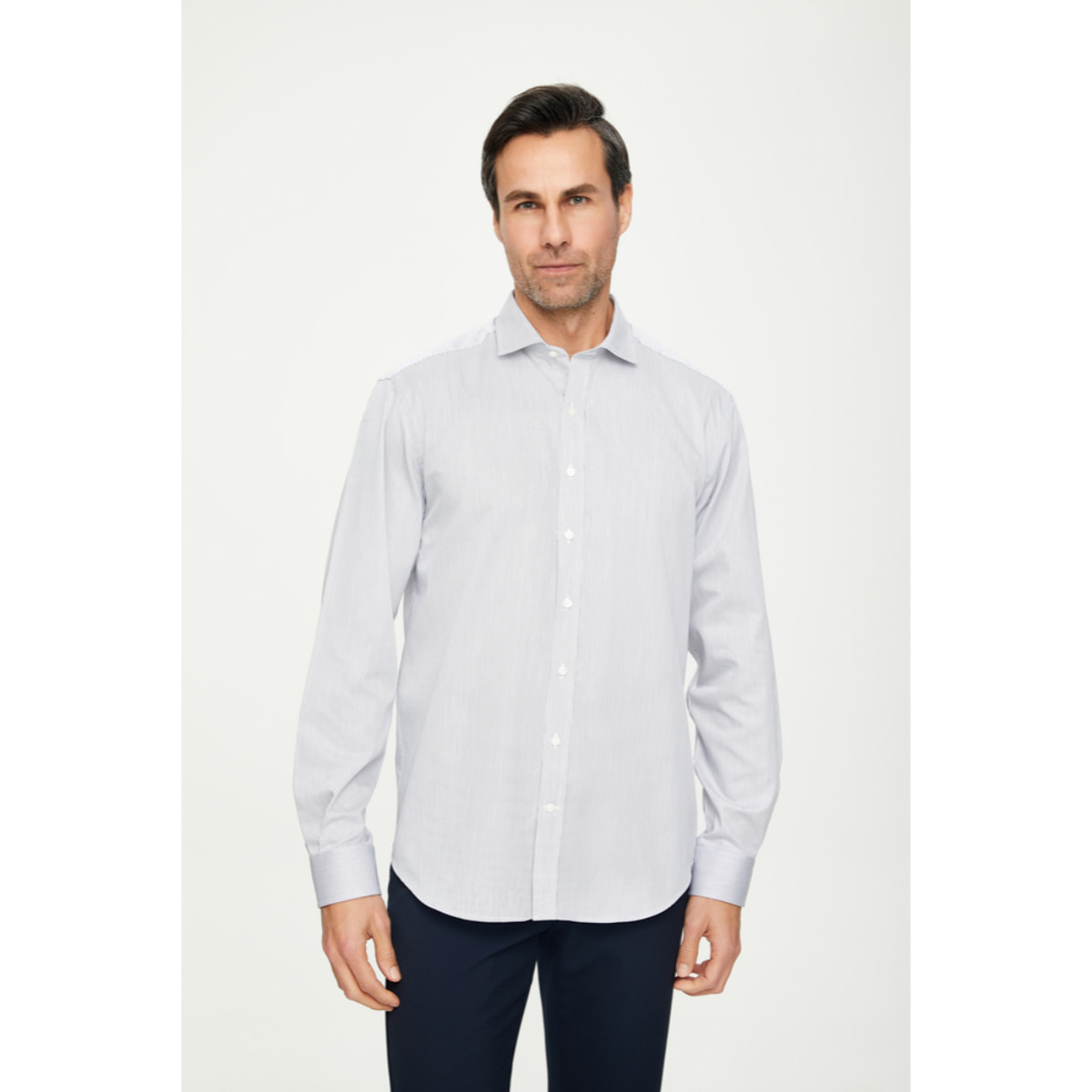 Camicia Uomo 1 Bottone Francese Satin Riga Stretta Bianco/Nero