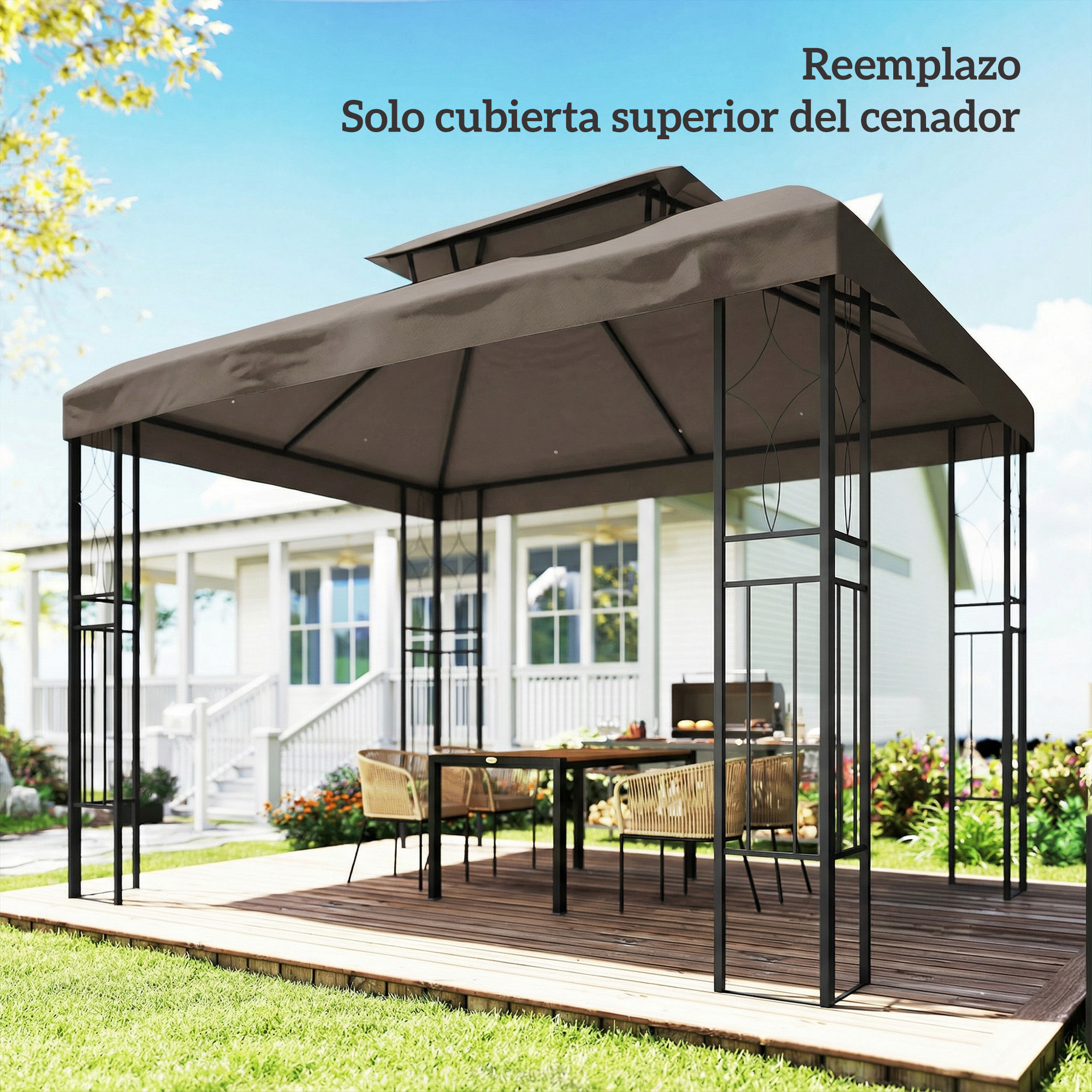 Techo de Repuesto para Cenador, 4x3 m, Cubierta de Repuesto con Techo Doble, 10 Orificios de Drenaje y Protección UV, SOLO Toldo de Recambio para Pabellón Gazebo, Marrón